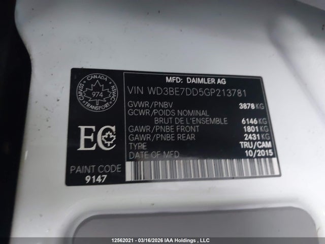 Продаж на аукціоні авто 2016 Mercedes-benz Sprinter 2500 Standard Roof, vin: WD3BE7DD5GP213781, номер лоту: 12562021