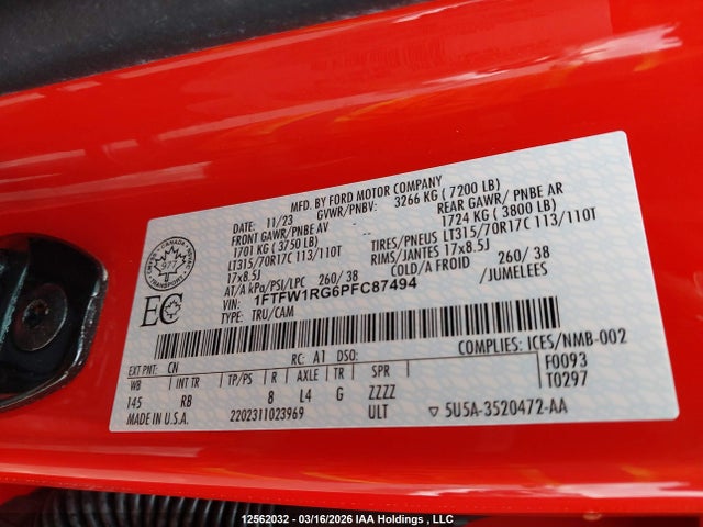 12562032 :رقم المزاد ، 1FTFW1RG6PFC87494 vin ، 2023 Ford F-150 Raptor مزاد بيع