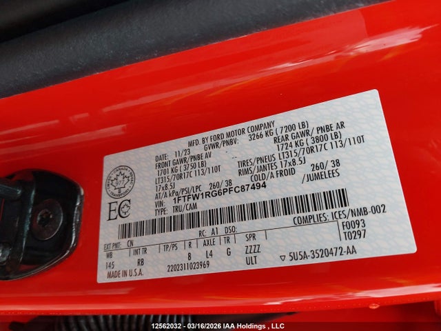 12562032 :رقم المزاد ، 1FTFW1RG6PFC87494 vin ، 2023 Ford F-150 Raptor مزاد بيع