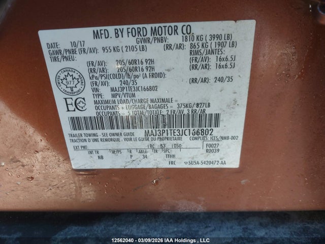 12562040 :رقم المزاد ، MAJ3P1TE3JC166802 vin ، 2018 Ford Ecosport Se مزاد بيع