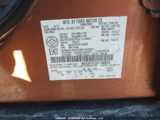 12562040 :رقم المزاد ، MAJ3P1TE3JC166802 vin ، 2018 Ford Ecosport Se مزاد بيع