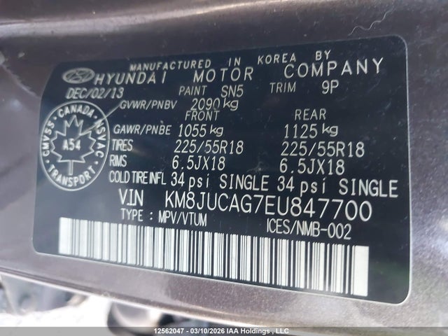 Продаж на аукціоні авто 2014 Hyundai Tucson Gls/limited/se, vin: KM8JUCAG7EU847700, номер лоту: 12562047