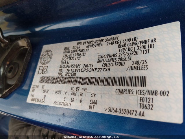 Продажа на аукционе авто 2016 Ford F150 Supercrew, vin: 1FTEW1EP5GKF27739, номер лота: 12562048