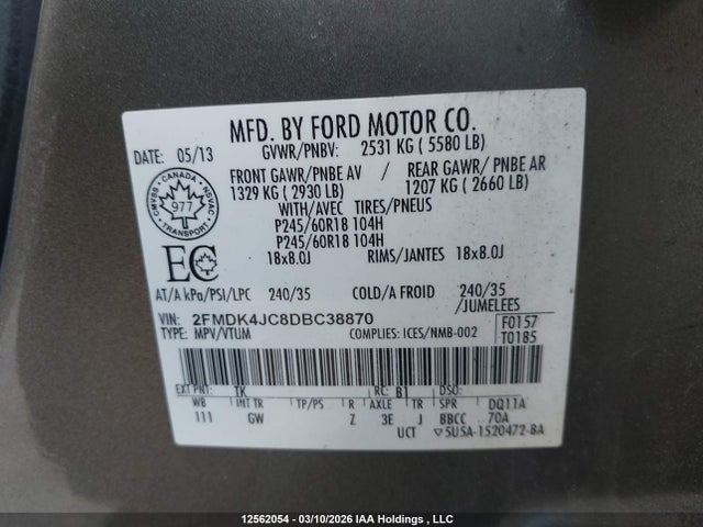 12562054 :رقم المزاد ، 2FMDK4JC8DBC38870 vin ، 2013 Ford Edge Sel مزاد بيع