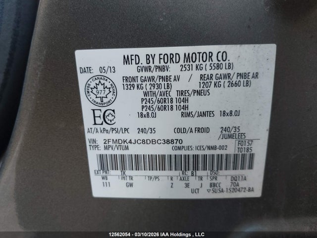 12562054 :رقم المزاد ، 2FMDK4JC8DBC38870 vin ، 2013 Ford Edge Sel مزاد بيع