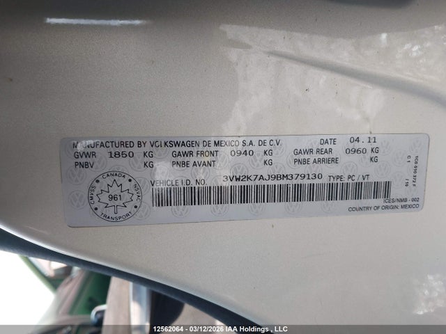 Продажа на аукционе авто 2011 Volkswagen Jetta 2.0l Trendline/2.0l Trendline+, vin: 3VW2K7AJ9BM379130, номер лота: 12562064