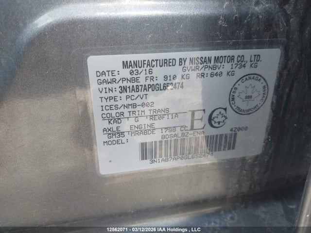 2016 Nissan Sentra 1.8 S/1.8 Sl/1.8 Sr/1.8 Sv მანქანა იყიდება აუქციონზე, vin: 3N1AB7AP0GL652474, აუქციონის ნომერი: 12562071
