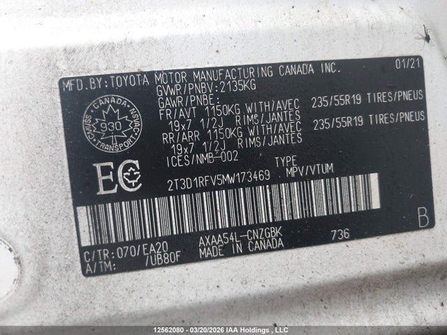 2021 Toyota Rav4 Limited მანქანა იყიდება აუქციონზე, vin: 2T3D1RFV5MW173469, აუქციონის ნომერი: 12562080
