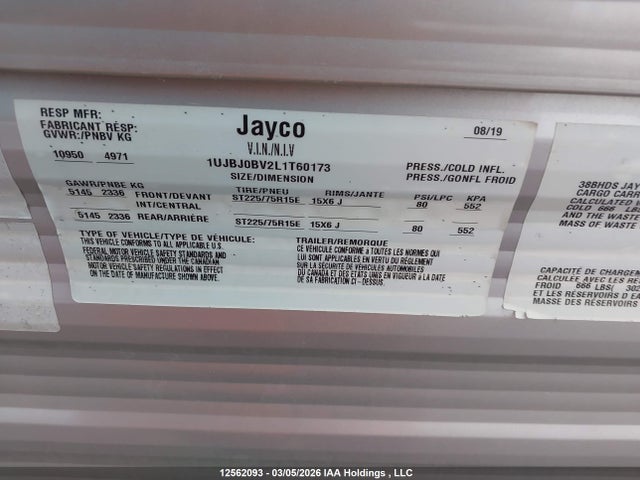 12562093 :رقم المزاد ، 1UJBJ0BV2L1T60173 vin ، 2020 Jayco Jay Flight مزاد بيع