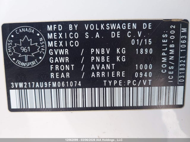 12562099 :رقم المزاد ، 3VW217AU9FM061074 vin ، 2015 Volkswagen Golf مزاد بيع