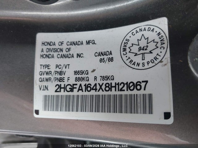 Продаж на аукціоні авто 2008 Honda Civic Dx-g, vin: 2HGFA164X8H121067, номер лоту: 12562103