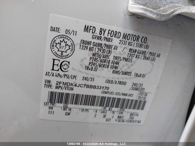 2011 Ford Edge Sel მანქანა იყიდება აუქციონზე, vin: 2FMDK4JC7BBB33170, აუქციონის ნომერი: 12562106