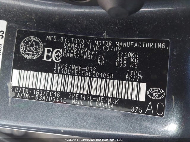 2010 Toyota Corolla Le მანქანა იყიდება აუქციონზე, vin: 2T1BU4EE5AC201098, აუქციონის ნომერი: 12562111