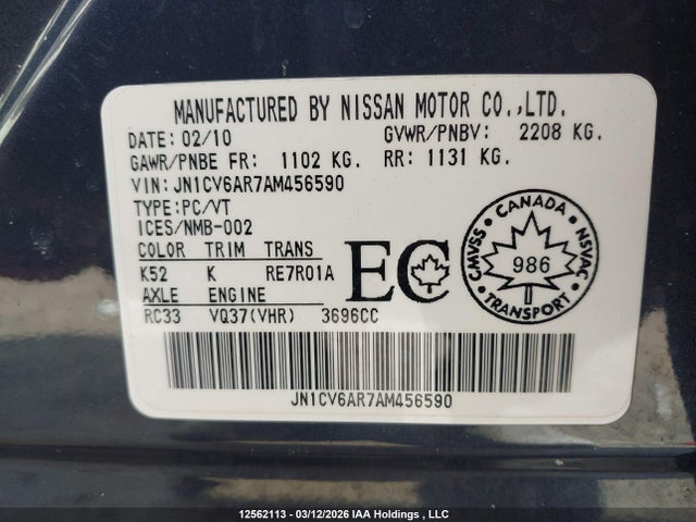 12562113 :رقم المزاد ، JN1CV6AR7AM456590 vin ، 2010 Infiniti G37x مزاد بيع