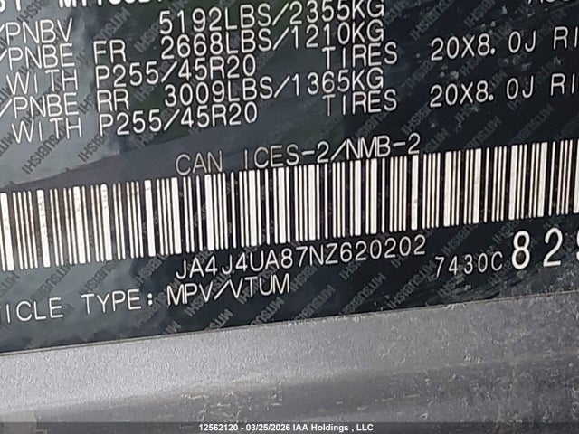 JA4J4UA87NZ620202 Mitsubishi Outlander Se/black Edition