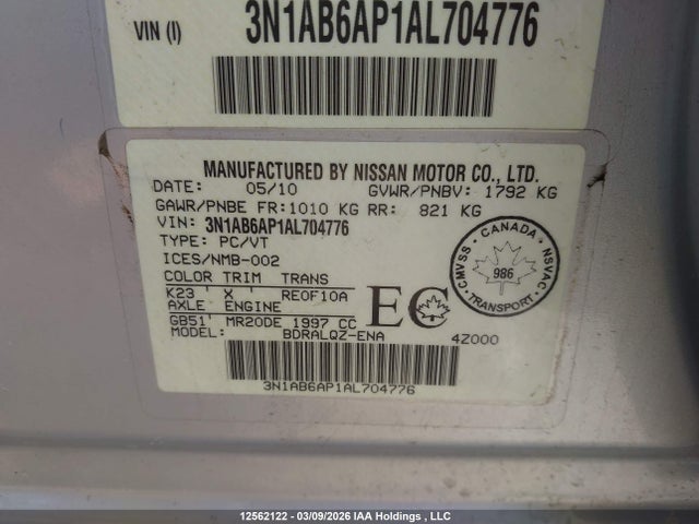 2010 Nissan Sentra 2.0/2.0s/sr/2.0sl მანქანა იყიდება აუქციონზე, vin: 3N1AB6AP1AL704776, აუქციონის ნომერი: 12562122