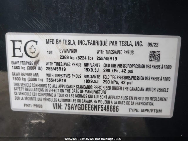 2022 Tesla Model Y Long Range მანქანა იყიდება აუქციონზე, vin: 7SAYGDEE6NF548686, აუქციონის ნომერი: 12562123