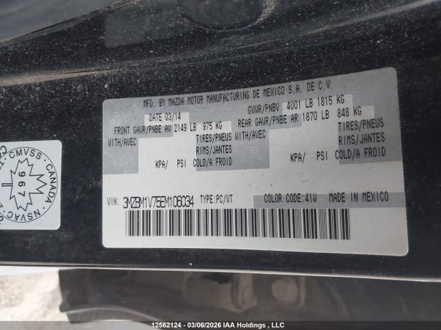2014 Mazda 3 Touring მანქანა იყიდება აუქციონზე, vin: 3MZBM1V75EM106034, აუქციონის ნომერი: 12562124