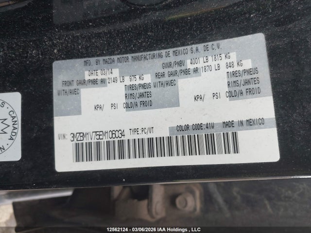 2014 Mazda 3 Touring მანქანა იყიდება აუქციონზე, vin: 3MZBM1V75EM106034, აუქციონის ნომერი: 12562124