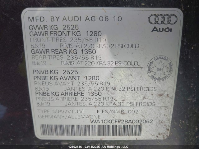 Aukcja sprzedaży 2011 Audi Q5 3.2, vin: WA1CKCFP2BA002062, numer aukcji: 12562136