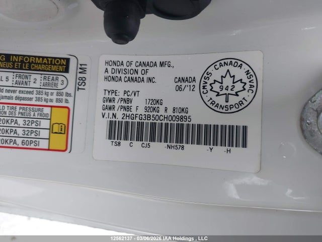 Aukcja sprzedaży 2012 Honda Civic Lx, vin: 2HGFG3B50CH009895, numer aukcji: 12562137