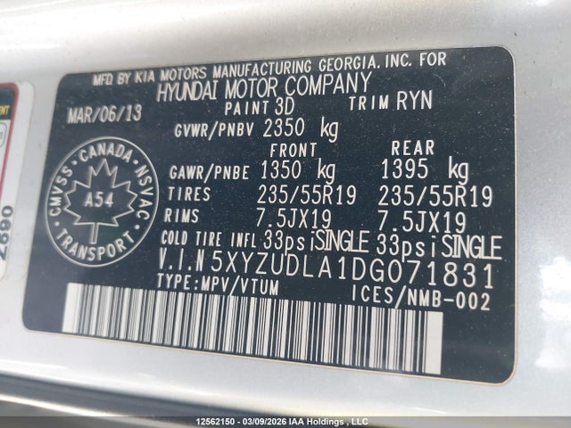 2013 Hyundai Santa Fe Sport მანქანა იყიდება აუქციონზე, vin: 5XYZUDLA1DG071831, აუქციონის ნომერი: 12562150