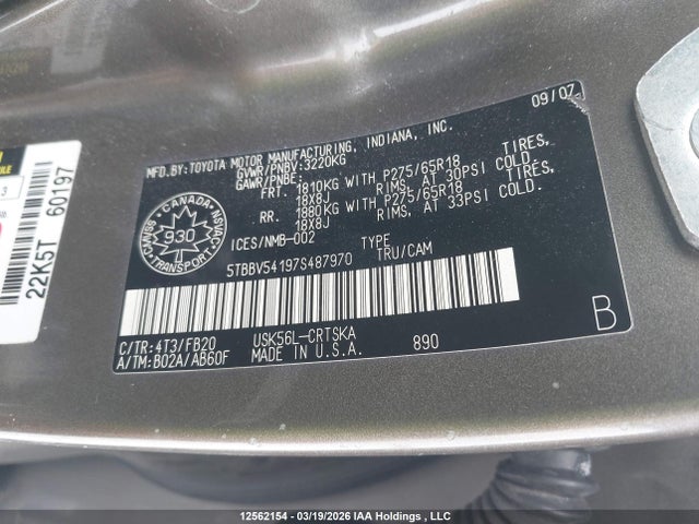 Aukcja sprzedaży 2007 Toyota Tundra Double Cab Sr5, vin: 5TBBV54197S487970, numer aukcji: 12562154