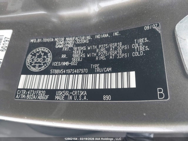Aukcja sprzedaży 2007 Toyota Tundra Double Cab Sr5, vin: 5TBBV54197S487970, numer aukcji: 12562154