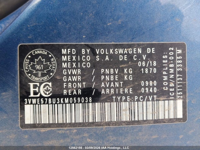 3VWE57BU3KM059038 Volkswagen Jetta 1.4 Tsi Highline