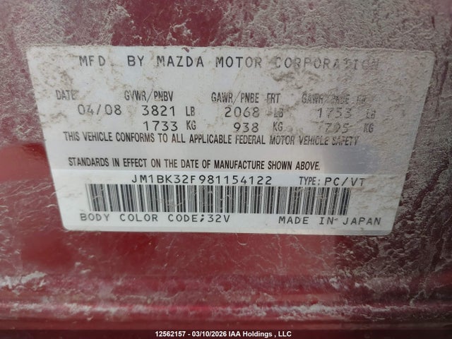 Aukcja sprzedaży 2008 Mazda Mazda3, vin: JM1BK32F981154122, numer aukcji: 12562157