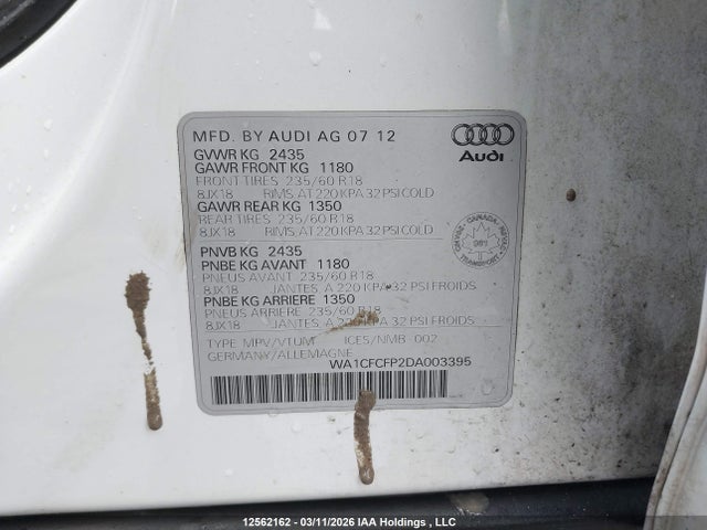 12562162 :رقم المزاد ، WA1CFCFP2DA003395 vin ، 2013 Audi Q5 2.0t مزاد بيع