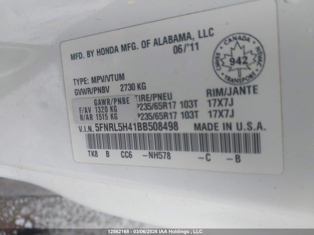 12562168 :رقم المزاد ، 5FNRL5H41BB508498 vin ، 2011 Honda Odyssey Ex مزاد بيع