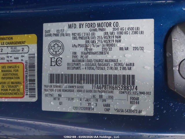 2017 Ford Mustang მანქანა იყიდება აუქციონზე, vin: 1FA6P8TH6H5288374, აუქციონის ნომერი: 12562169