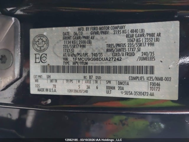 Продаж на аукціоні авто 2013 Ford Escape Se, vin: 1FMCU9G98DUA27242, номер лоту: 12562185