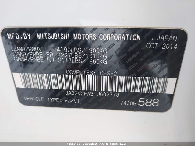 Продажа на аукционе авто 2015 Mitsubishi Lancer Se, vin: JA32V2FW3FU602778, номер лота: 12562188