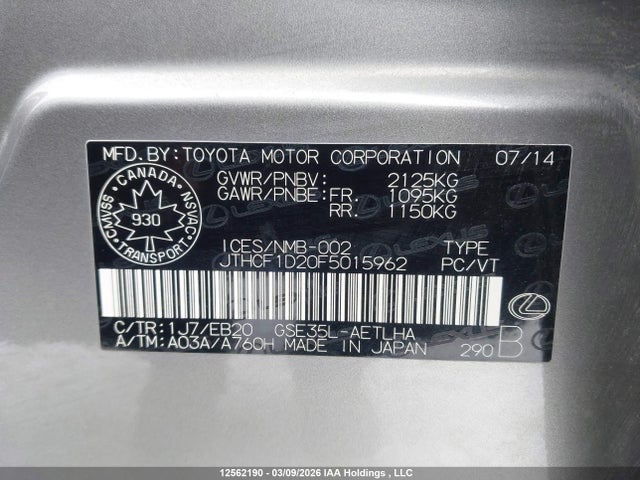 2015 Lexus Is 250 მანქანა იყიდება აუქციონზე, vin: JTHCF1D20F5015962, აუქციონის ნომერი: 12562190