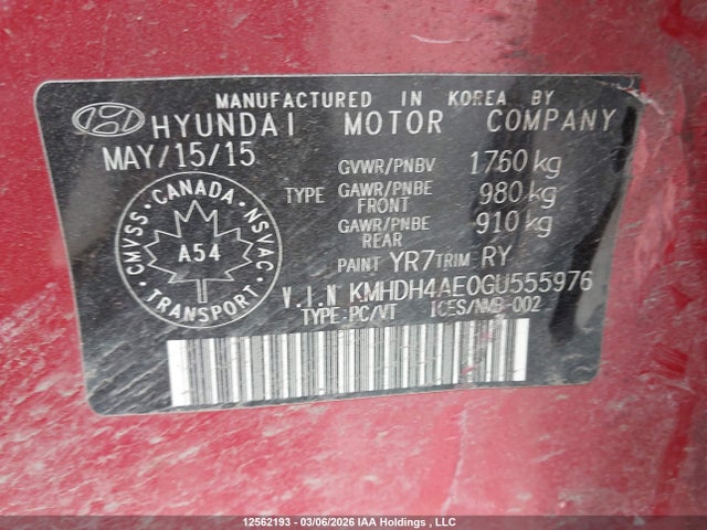 Aukcja sprzedaży 2016 Hyundai Elantra, vin: KMHDH4AE0GU555976, numer aukcji: 12562193