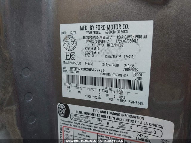 12562198 :رقم المزاد ، 1FTRW128X9FA29739 vin ، 2009 Ford F-150 مزاد بيع