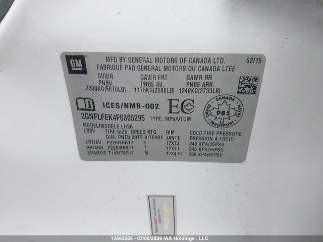12562205 :رقم المزاد ، 2GNFLFEK4F6305295 vin ، 2015 Chevrolet Equinox 1lt مزاد بيع