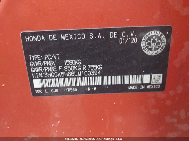 3HGGK5H66LM100394 Honda Fit Sport