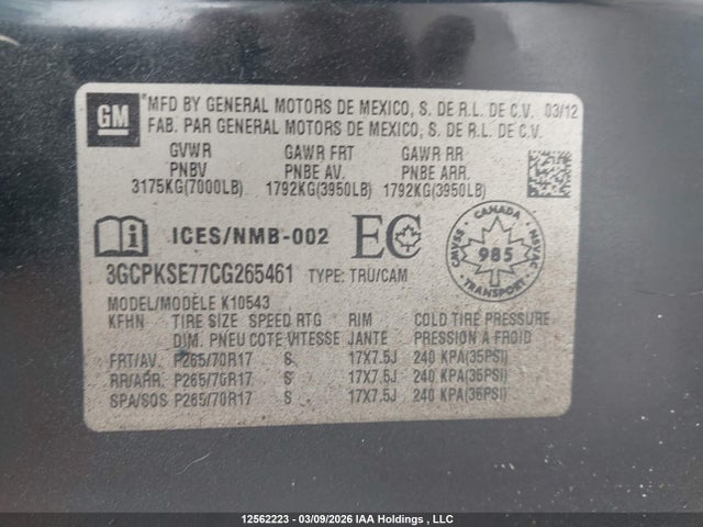 Aukcja sprzedaży 2012 Chevrolet Silverado 1500, vin: 3GCPKSE77CG265461, numer aukcji: 12562223