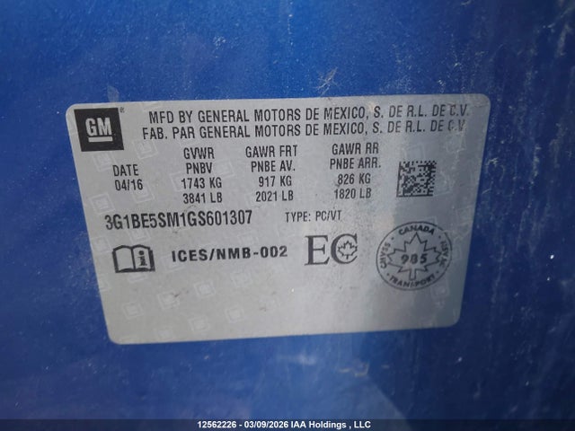 3G1BE5SM1GS601307 Chevrolet Cruze Lt Auto