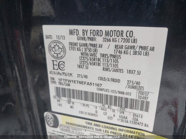 12562229 :رقم المزاد ، 1FTFW1ET6EFA51167 vin ، 2014 Ford F150 Supercrew مزاد بيع