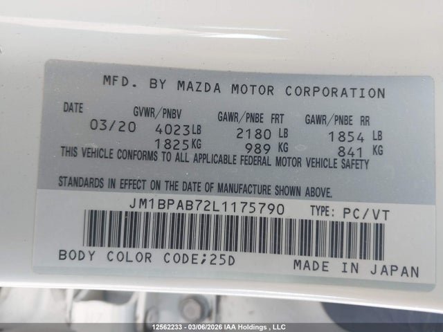 2020 Mazda 3 მანქანა იყიდება აუქციონზე, vin: JM1BPAB72L1175790, აუქციონის ნომერი: 12562233