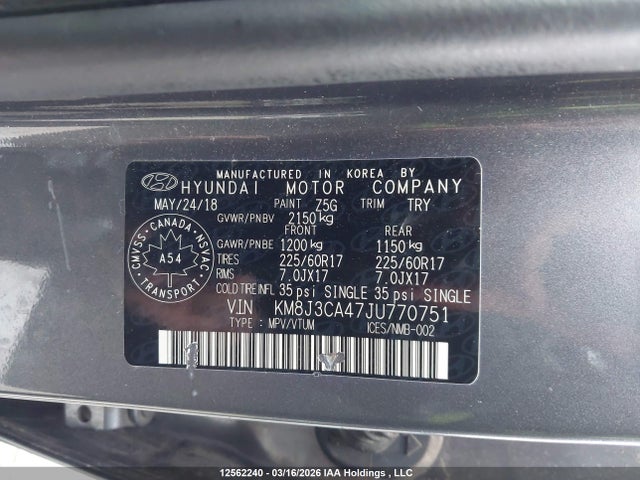 Aukcja sprzedaży 2018 Hyundai Tucson Se 2.0l, vin: KM8J3CA47JU770751, numer aukcji: 12562240