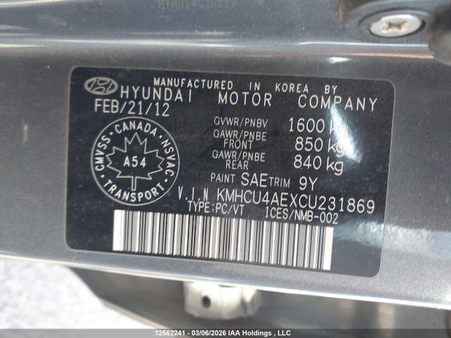 12562241 :رقم المزاد ، KMHCU4AEXCU231869 vin ، 2012 Hyundai Accent مزاد بيع