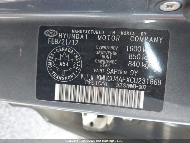 12562241 :رقم المزاد ، KMHCU4AEXCU231869 vin ، 2012 Hyundai Accent مزاد بيع