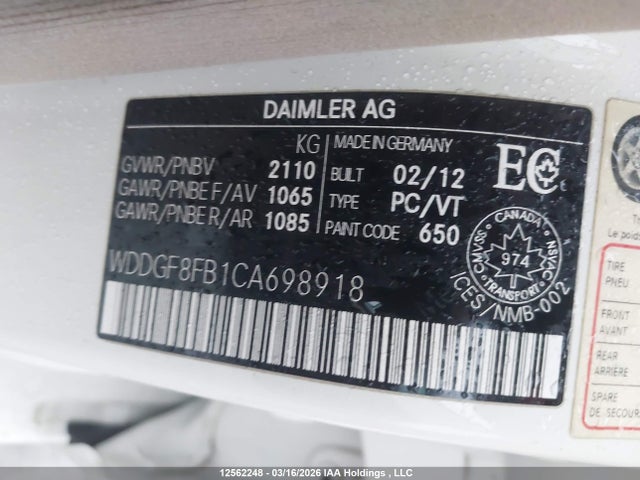 12562248 :رقم المزاد ، WDDGF8FB1CA698918 vin ، 2012 Mercedes-benz C 250 4matic مزاد بيع