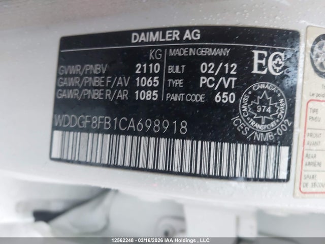 12562248 :رقم المزاد ، WDDGF8FB1CA698918 vin ، 2012 Mercedes-benz C 250 4matic مزاد بيع