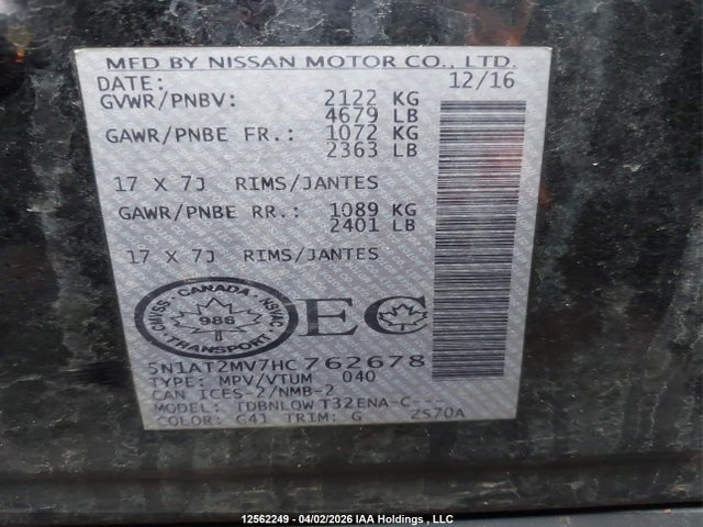 5N1AT2MV7HC762678 Nissan Rogue Sv/sl